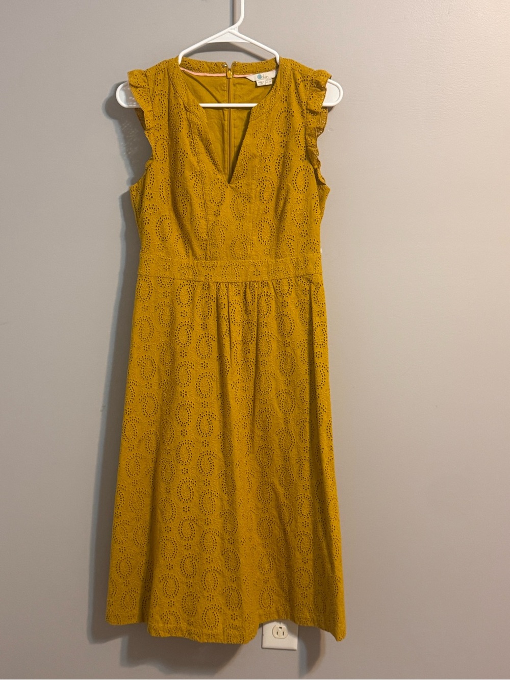 Boden Hallie Broderie Mustard Gold Eyelet Midi Dress US 6 UK 10 R Cotton